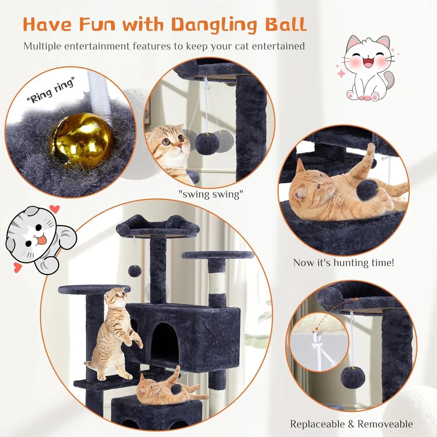 Sweetcrispy 54-Inch Cat Tree Tower – Multi-Level with Sisal Scratching Post, Perfect Pet Gift, Indoor Condo with Climbing Ladder, Plush Toy, and More Animal Stuff, Grey