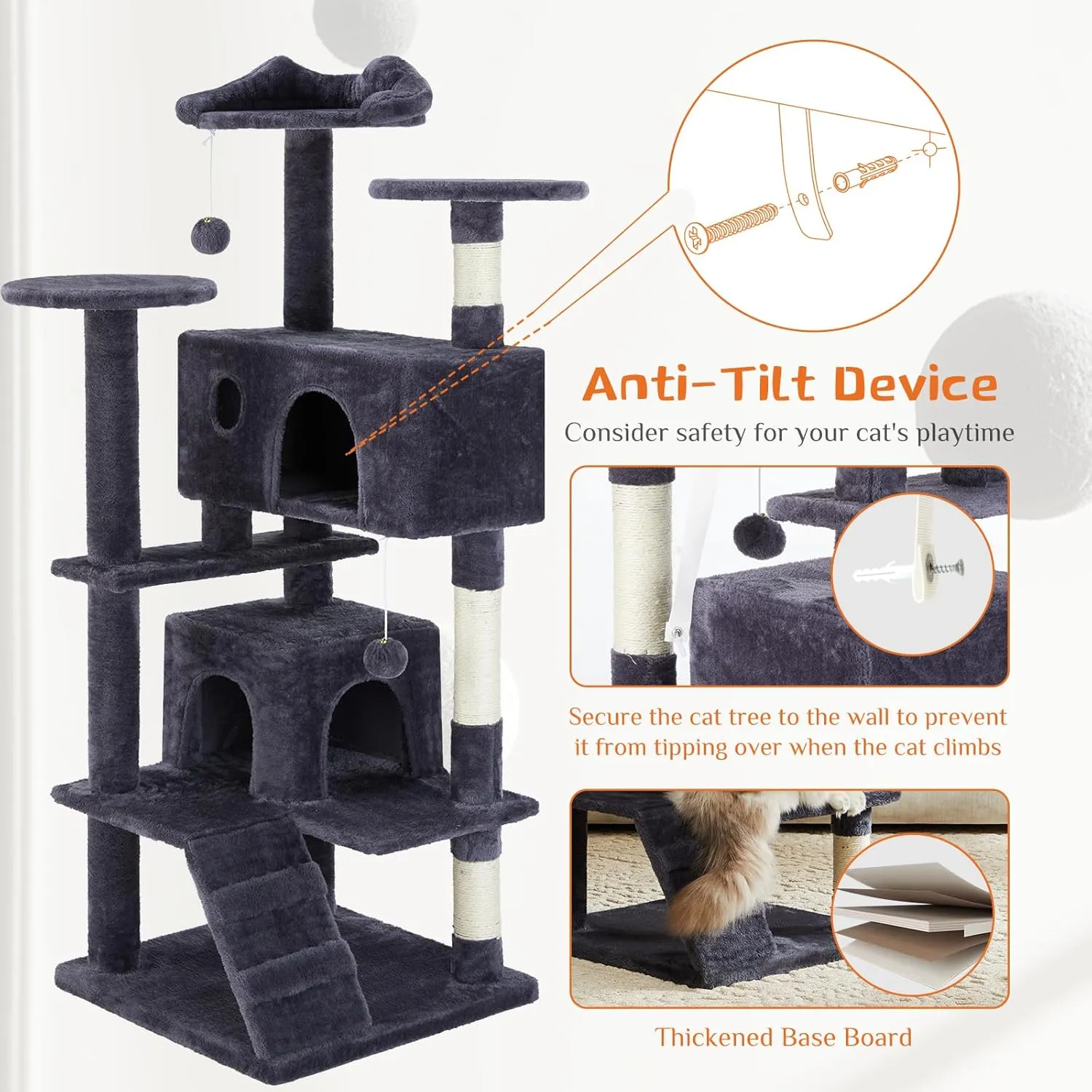 Sweetcrispy 54-Inch Cat Tree Tower – Multi-Level with Sisal Scratching Post, Perfect Pet Gift, Indoor Condo with Climbing Ladder, Plush Toy, and More Animal Stuff, Grey