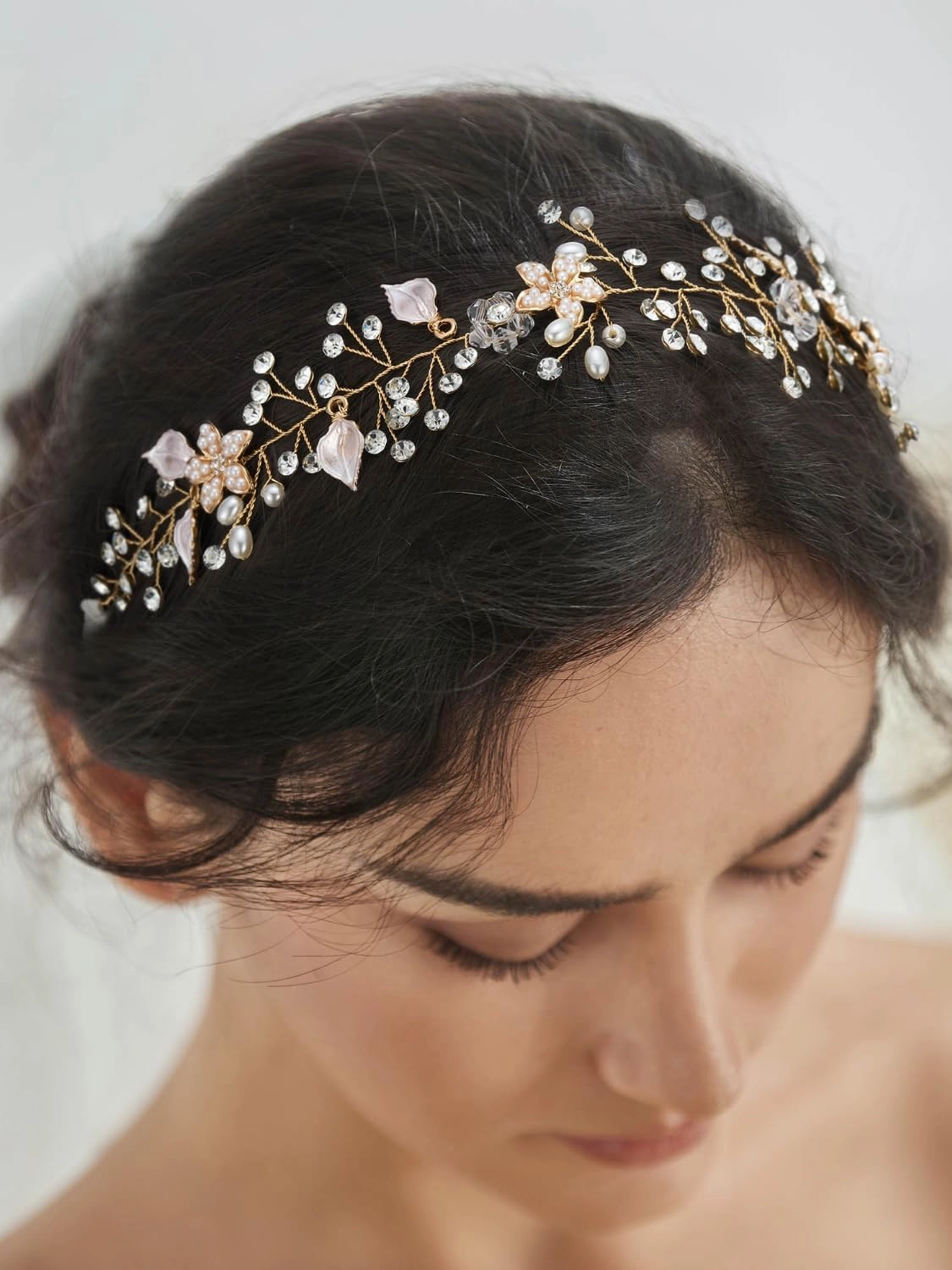 SWEETV Bridal Headband Wedding Headpiece for Bride Hair Accessories for Wedding Hair Pieces Crystal Pearl Hair Vine Gold