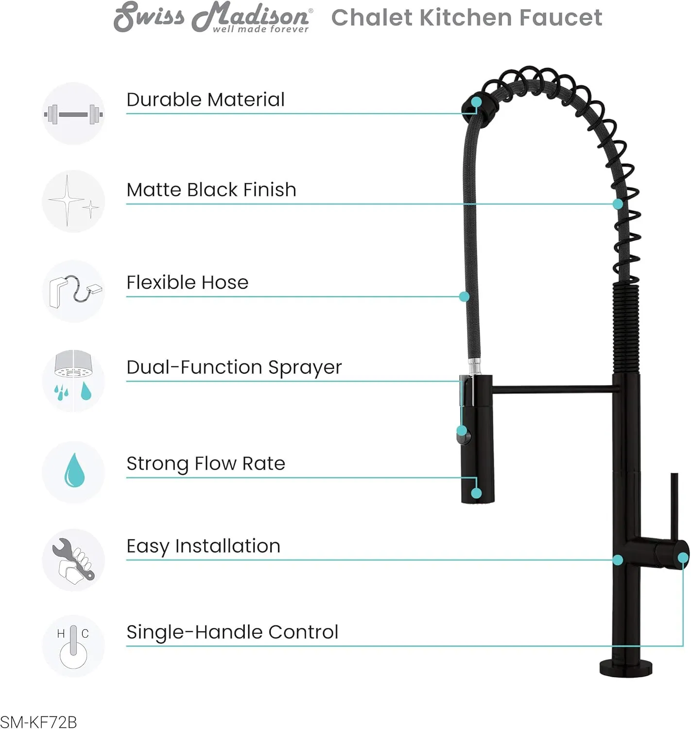 Swiss Madison SM-KF72B Chalet Single Handle, Pull-Down Kitchen Faucet in Matte Black