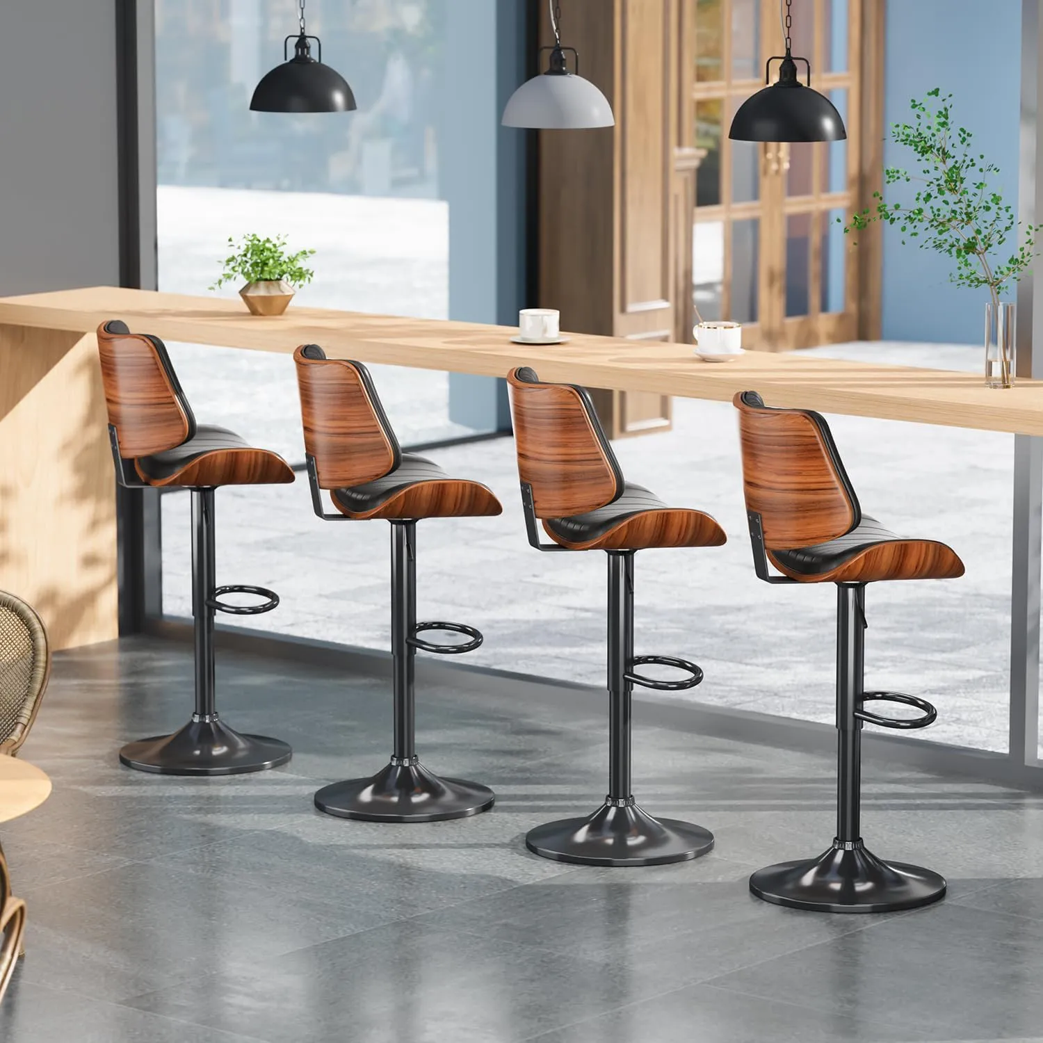 Swivel Bar Stools Set of 2, Adjustable Bentwood Barstools for Kitchen Counter, Mid-Century Modern PU Leather Upholstered Bar Chair with Back and Footrest, for Kitchen Island, Bar, Dining Room, Black