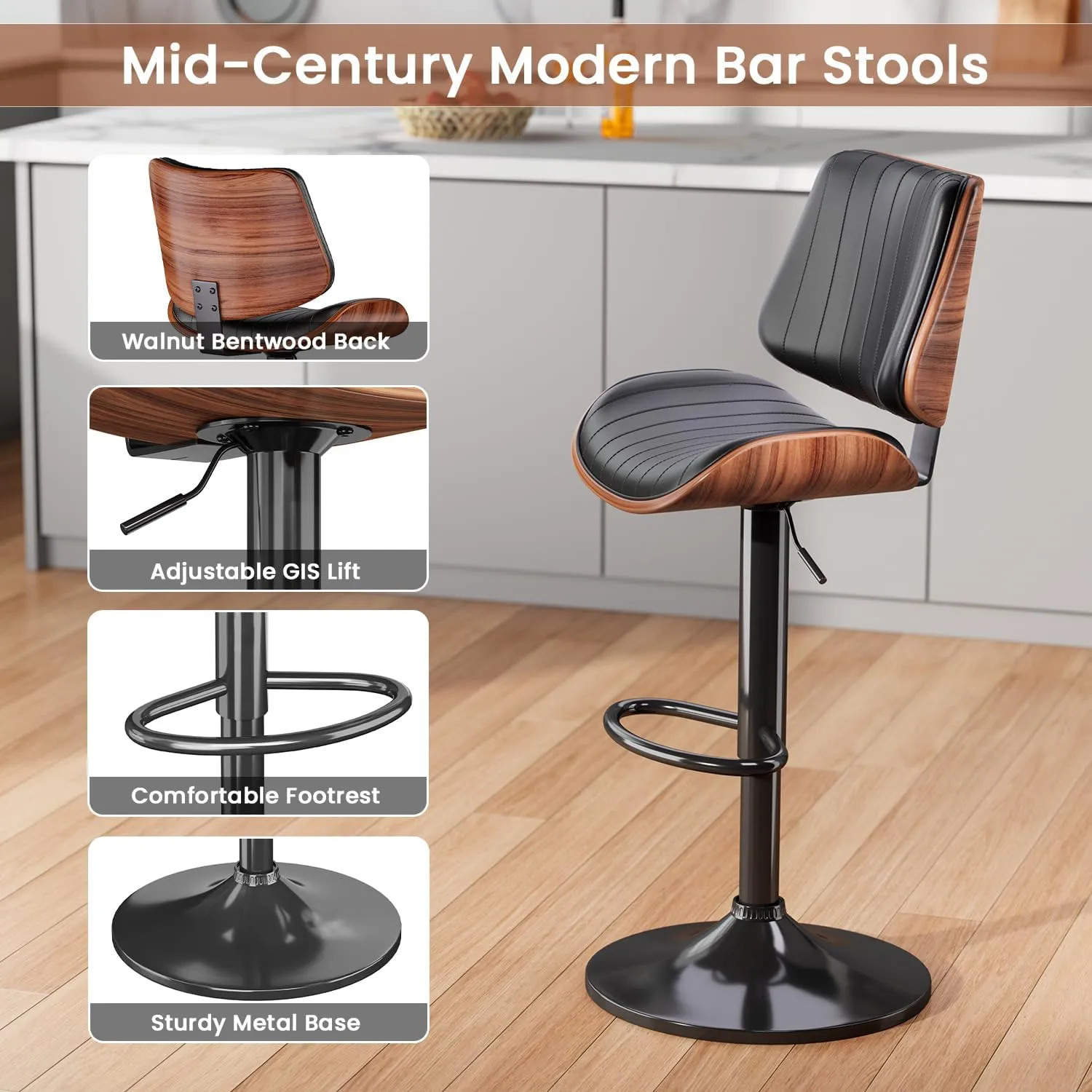 Swivel Bar Stools Set of 2, Adjustable Bentwood Barstools for Kitchen Counter, Mid-Century Modern PU Leather Upholstered Bar Chair with Back and Footrest, for Kitchen Island, Bar, Dining Room, Black