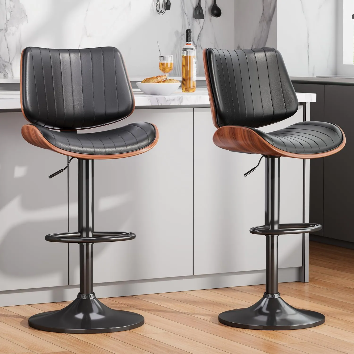Swivel Bar Stools Set of 2, Adjustable Bentwood Barstools for Kitchen Counter, Mid-Century Modern PU Leather Upholstered Bar Chair with Back and Footrest, for Kitchen Island, Bar, Dining Room, Black