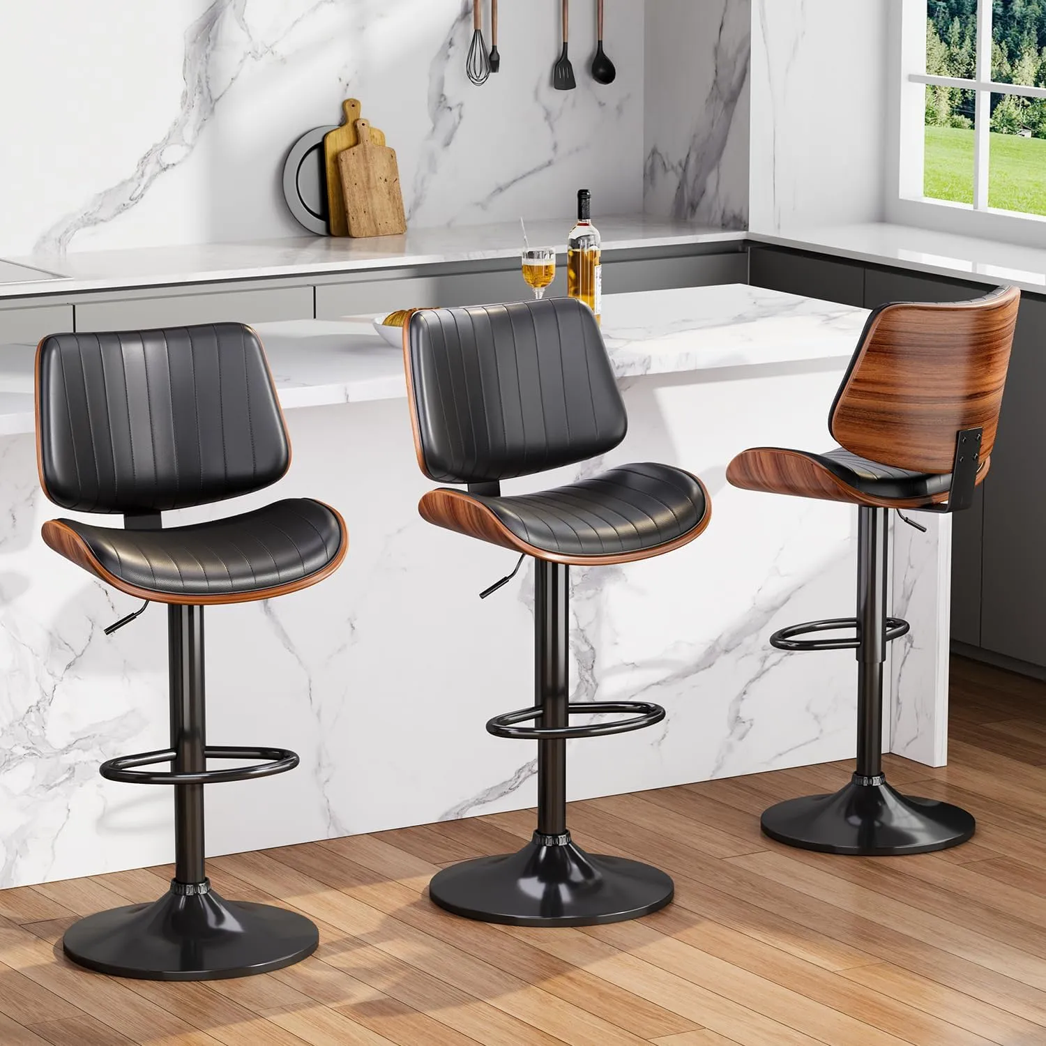 Swivel Bar Stools Set of 2, Adjustable Bentwood Barstools for Kitchen Counter, Mid-Century Modern PU Leather Upholstered Bar Chair with Back and Footrest, for Kitchen Island, Bar, Dining Room, Black