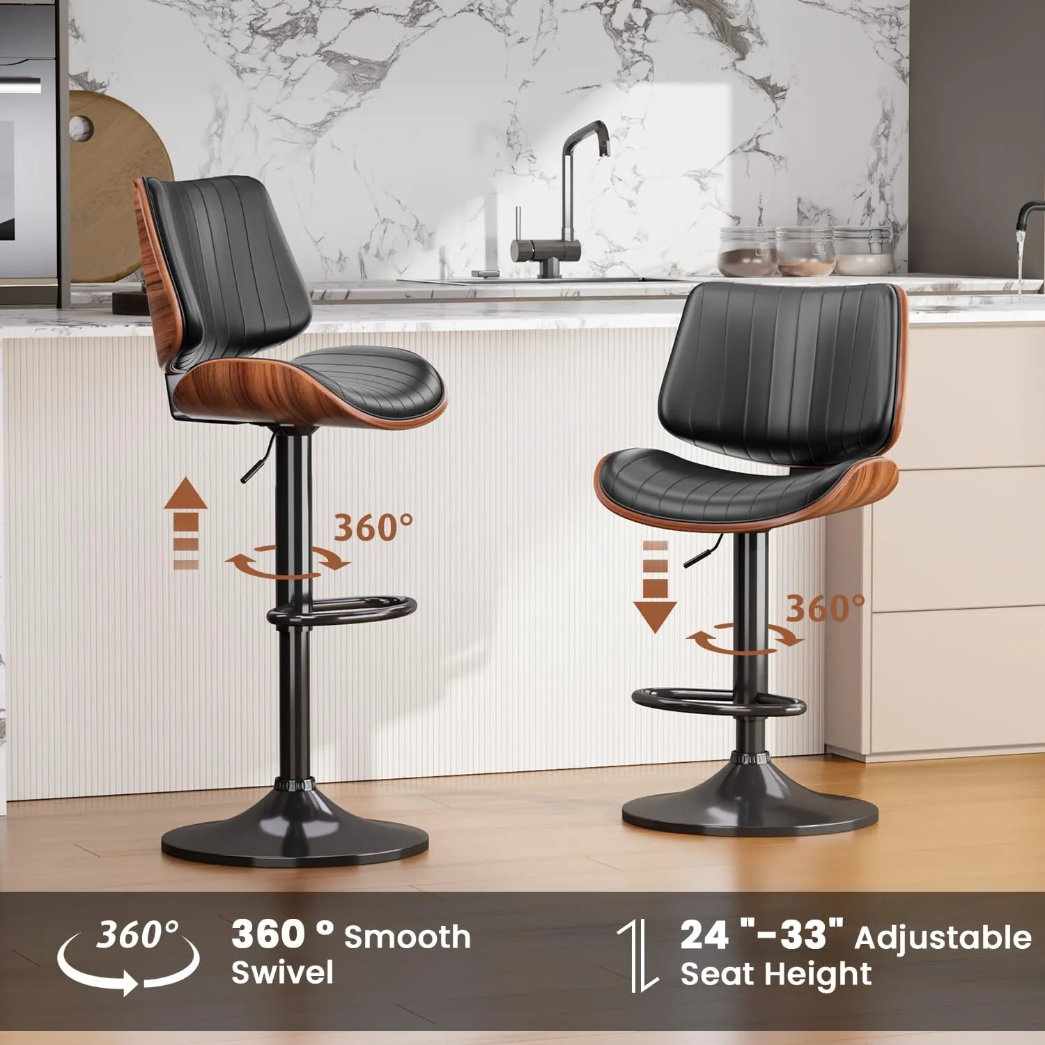 Swivel Bar Stools Set of 2, Adjustable Bentwood Barstools for Kitchen Counter, Mid-Century Modern PU Leather Upholstered Bar Chair with Back and Footrest, for Kitchen Island, Bar, Dining Room, Black