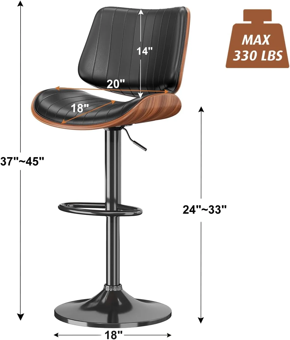 Swivel Bar Stools Set of 2, Adjustable Bentwood Barstools for Kitchen Counter, Mid-Century Modern PU Leather Upholstered Bar Chair with Back and Footrest, for Kitchen Island, Bar, Dining Room, Black