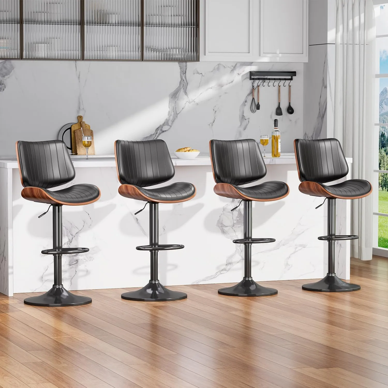 Swivel Bar Stools Set of 2, Adjustable Bentwood Barstools for Kitchen Counter, Mid-Century Modern PU Leather Upholstered Bar Chair with Back and Footrest, for Kitchen Island, Bar, Dining Room, Black