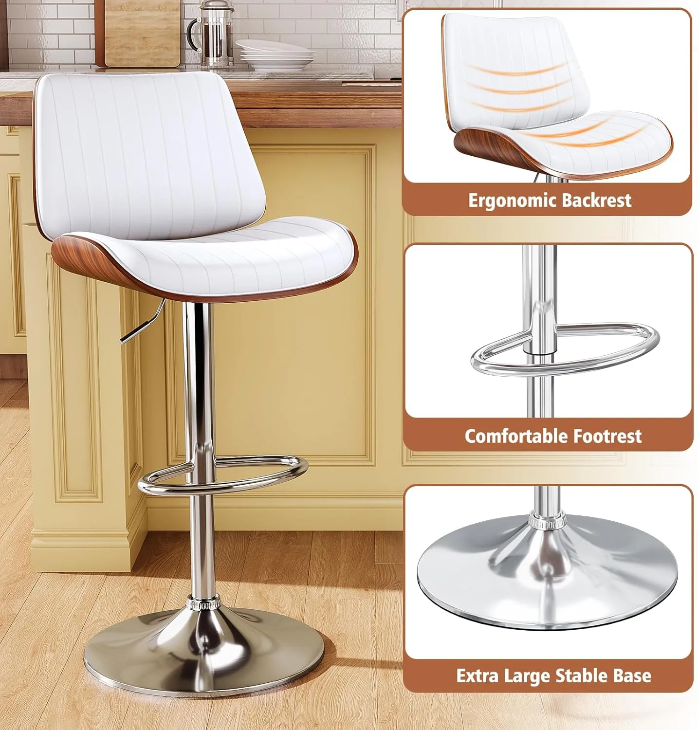 Swivel Bar Stools Set of 2, Bar Stools for Kitchen Island with Bentwood Back and Leather Seat, Counter Height Barstools for Kitchen Counter, Bar, White