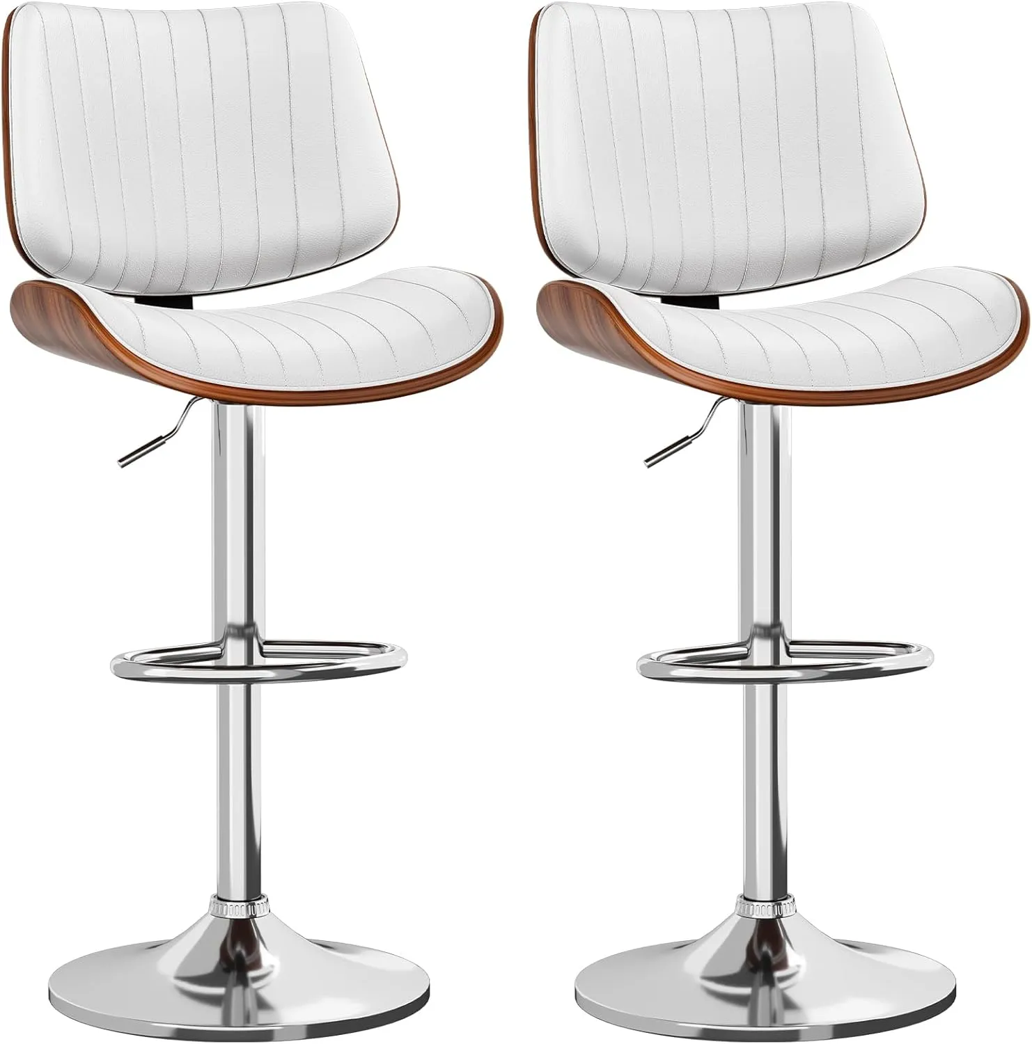 Swivel Bar Stools Set of 2, Bar Stools for Kitchen Island with Bentwood Back and Leather Seat, Counter Height Barstools for Kitchen Counter, Bar, White