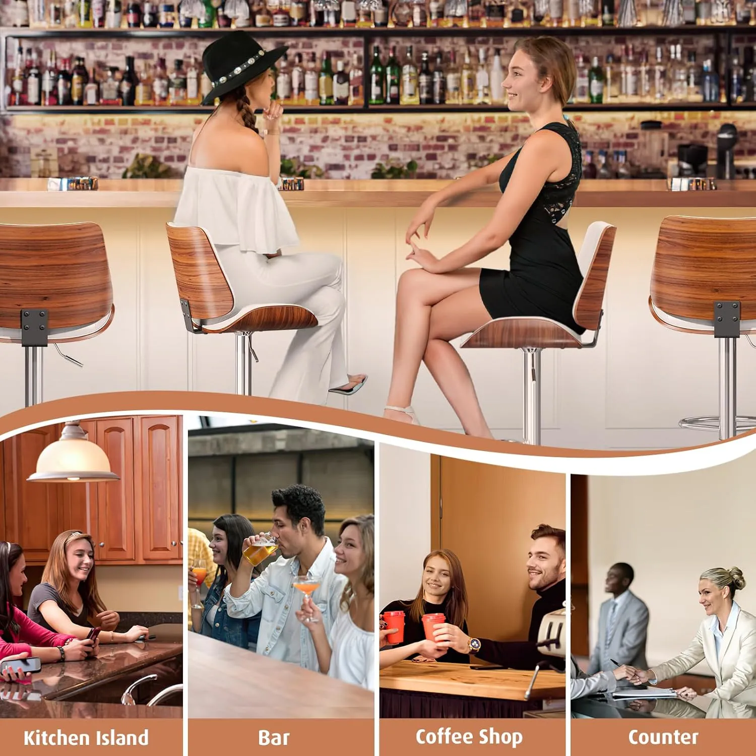 Swivel Bar Stools Set of 2, Bar Stools for Kitchen Island with Bentwood Back and Leather Seat, Counter Height Barstools for Kitchen Counter, Bar, White