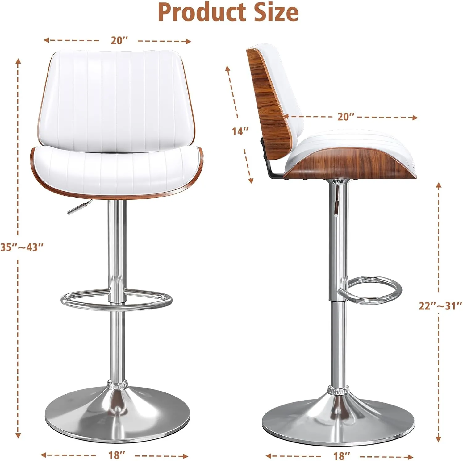 Swivel Bar Stools Set of 2, Bar Stools for Kitchen Island with Bentwood Back and Leather Seat, Counter Height Barstools for Kitchen Counter, Bar, White