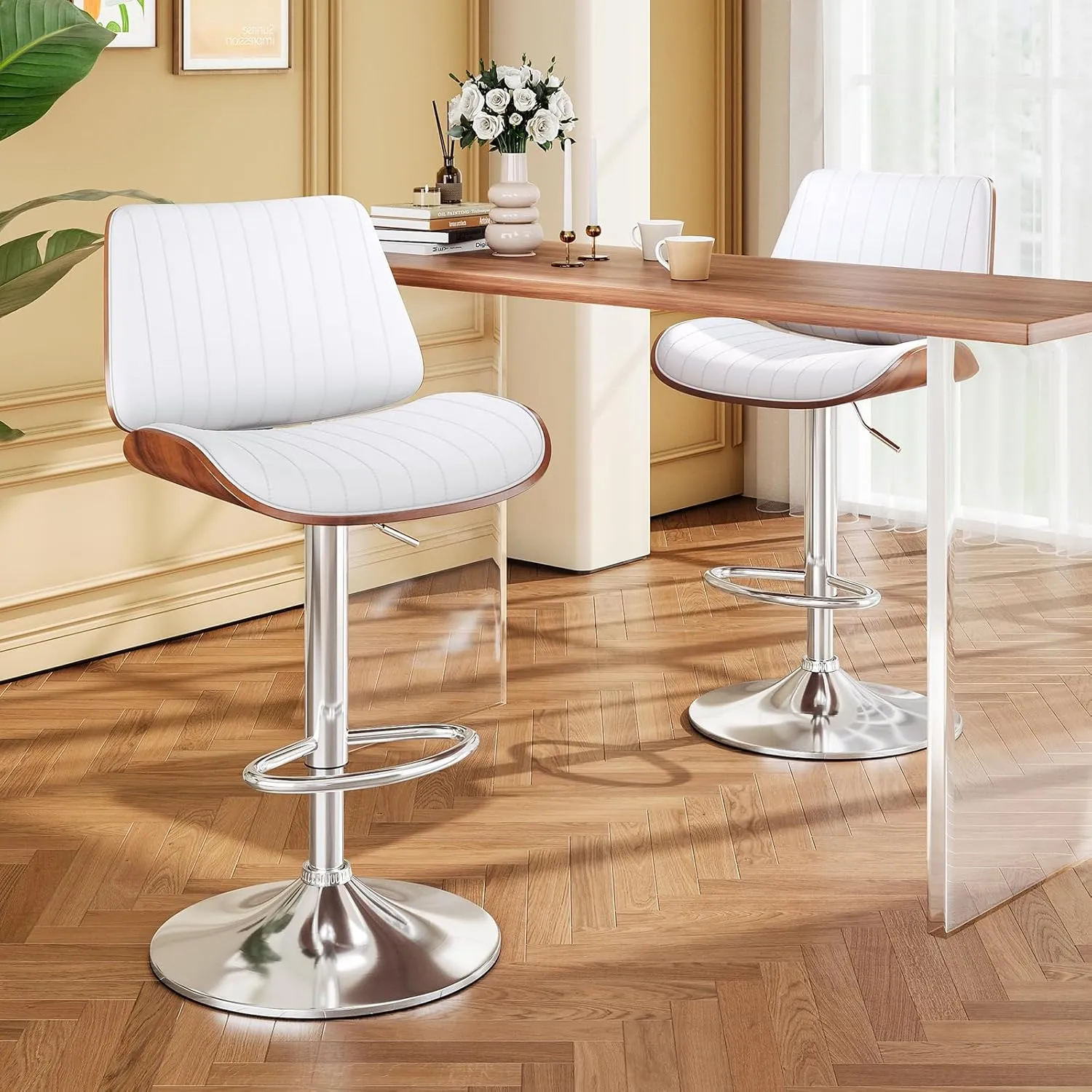 Swivel Bar Stools Set of 2, Bar Stools for Kitchen Island with Bentwood Back and Leather Seat, Counter Height Barstools for Kitchen Counter, Bar, White