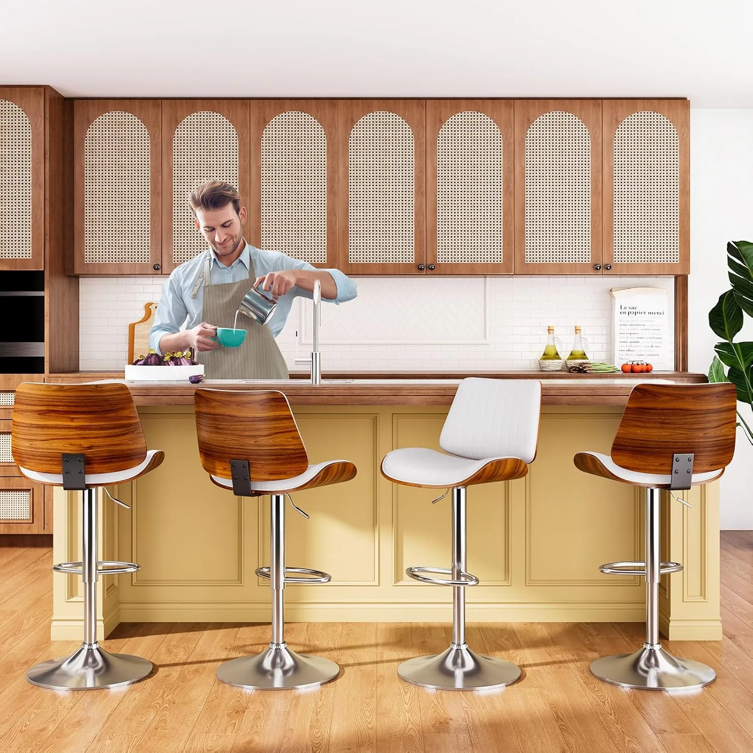 Swivel Bar Stools Set of 2, Bar Stools for Kitchen Island with Bentwood Back and Leather Seat, Counter Height Barstools for Kitchen Counter, Bar, White