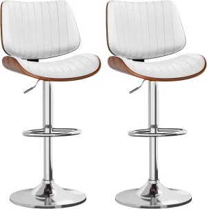 Swivel Bar Stools Set of 2, Bar Stools for Kitchen Island with Bentwood Back and Leather Seat, Counter Height Barstools for Kitchen Counter, Bar, White