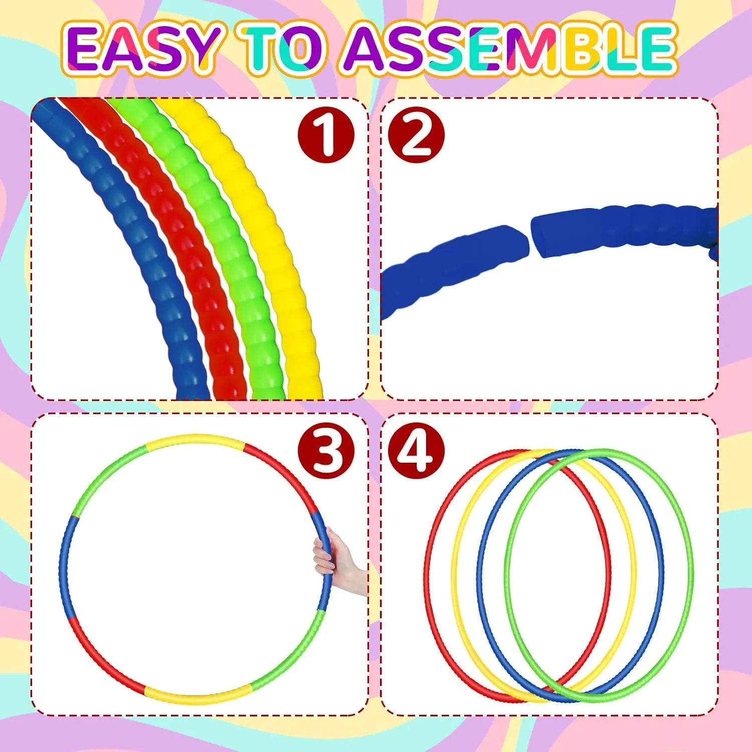 Syhood 12 Pcs Toy Color Hoop Plastic Detachable Adjustable Hoop Light Weight Exercise Fitness Equipment Toy Waist Ring for Adult Party, 3 Sizes(Green, Pink, Yellow, Dark Blue)