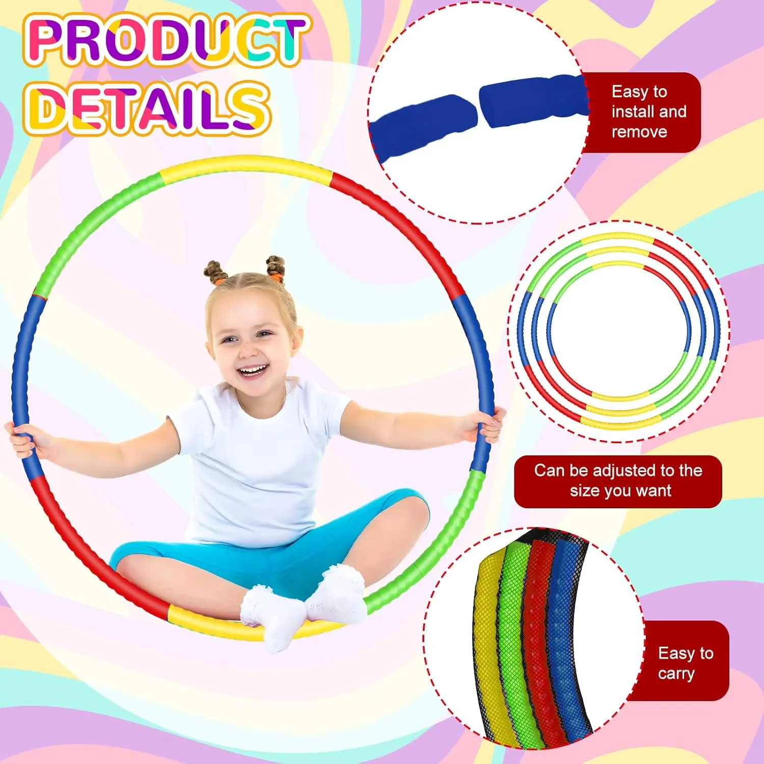 Syhood 12 Pcs Toy Color Hoop Plastic Detachable Adjustable Hoop Light Weight Exercise Fitness Equipment Toy Waist Ring for Adult Party, 3 Sizes(Green, Pink, Yellow, Dark Blue)