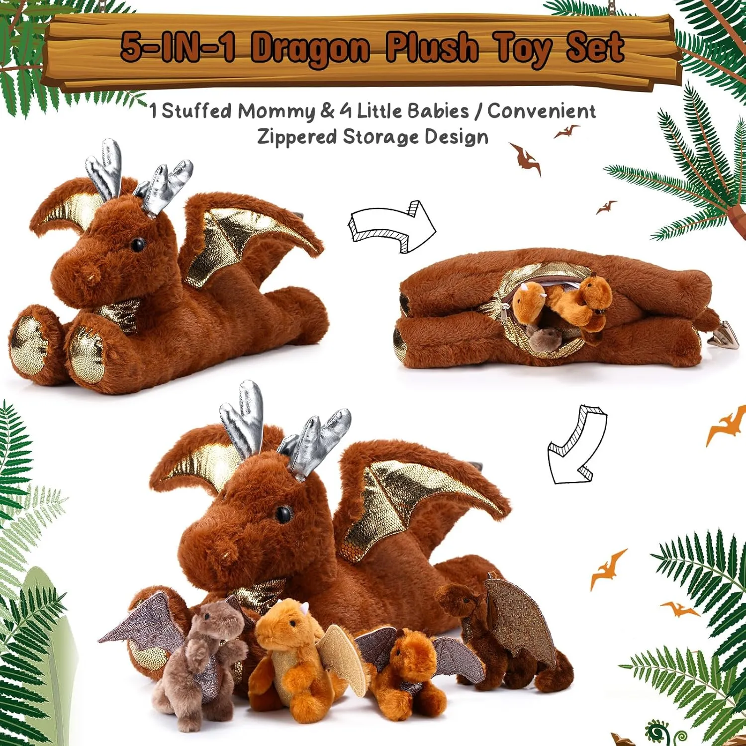 Syhood 5 Pcs Dragon Plush Set 18 Inch Large Mommy Dragon Stuffed Animal with 4 Babies Inside Zippered Belly Cuddly Family Plushie Gifts for Kids Birthday Baby Shower Party Decors(Brown)