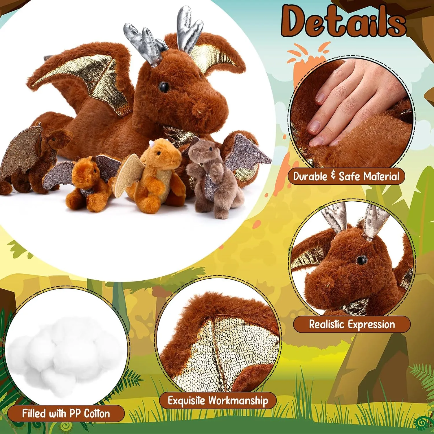 Syhood 5 Pcs Dragon Plush Set 18 Inch Large Mommy Dragon Stuffed Animal with 4 Babies Inside Zippered Belly Cuddly Family Plushie Gifts for Kids Birthday Baby Shower Party Decors(Brown)
