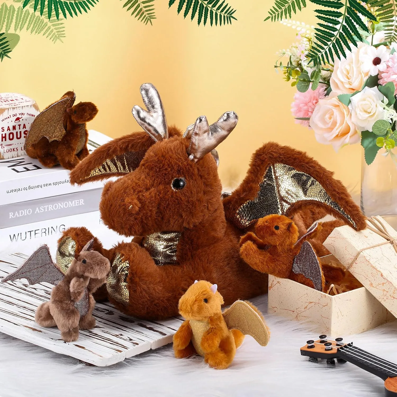 Syhood 5 Pcs Dragon Plush Set 18 Inch Large Mommy Dragon Stuffed Animal with 4 Babies Inside Zippered Belly Cuddly Family Plushie Gifts for Kids Birthday Baby Shower Party Decors(Brown)