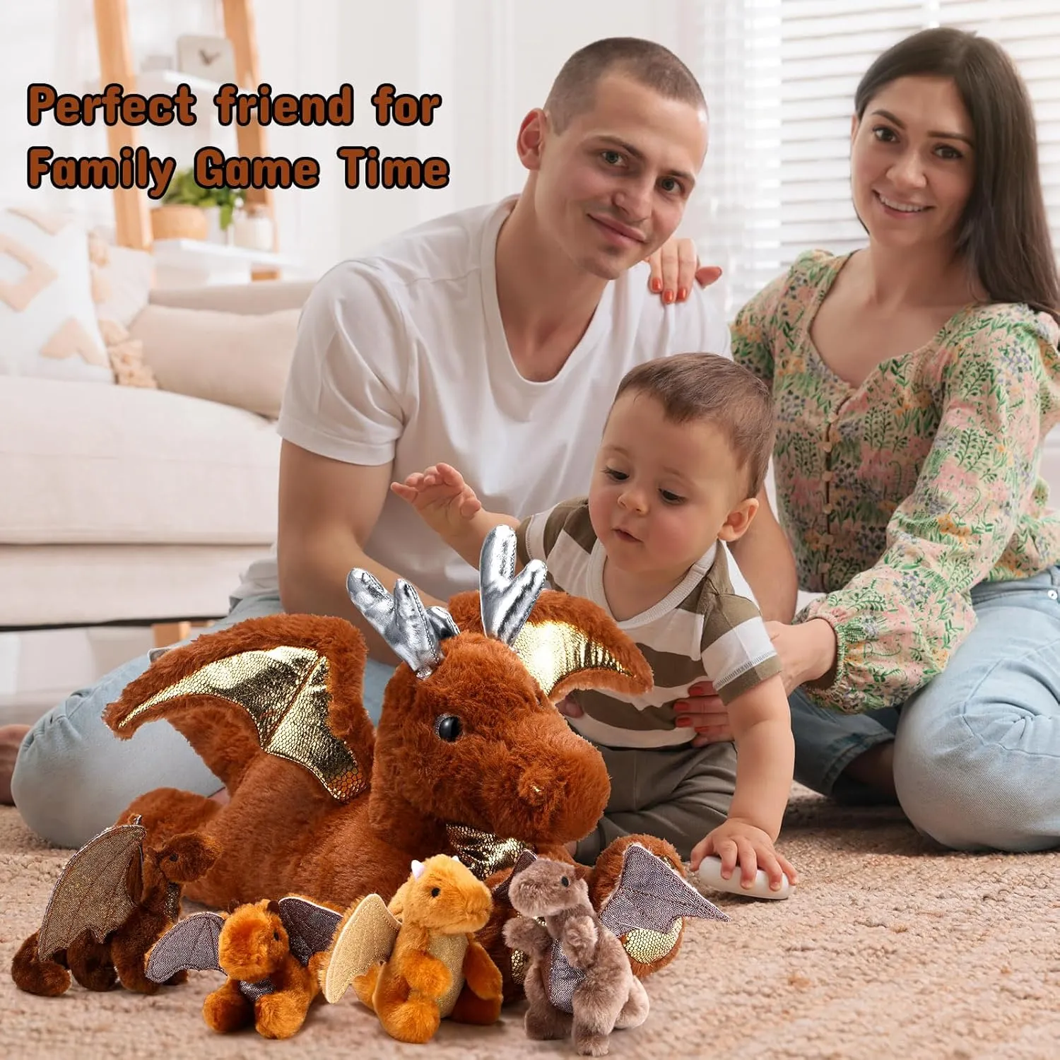 Syhood 5 Pcs Dragon Plush Set 18 Inch Large Mommy Dragon Stuffed Animal with 4 Babies Inside Zippered Belly Cuddly Family Plushie Gifts for Kids Birthday Baby Shower Party Decors(Brown)