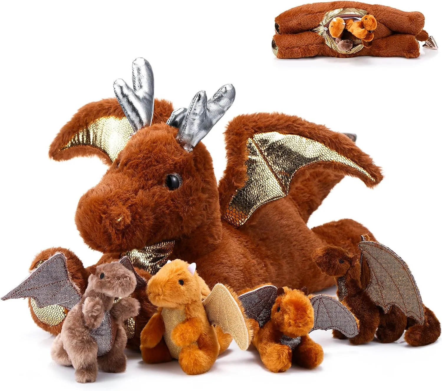 Syhood 5 Pcs Dragon Plush Set 18 Inch Large Mommy Dragon Stuffed Animal with 4 Babies Inside Zippered Belly Cuddly Family Plushie Gifts for Kids Birthday Baby Shower Party Decors(Brown)