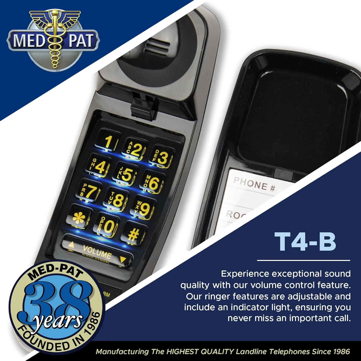 T-4 Full-Featured Trimline Telephone w/Ring/in-Use Light Indicator - Corded Wall Phone w/Full Range Volume Control, Hearing Aid Compatible, Ideal for Hotel, Business & Landline Use- Black