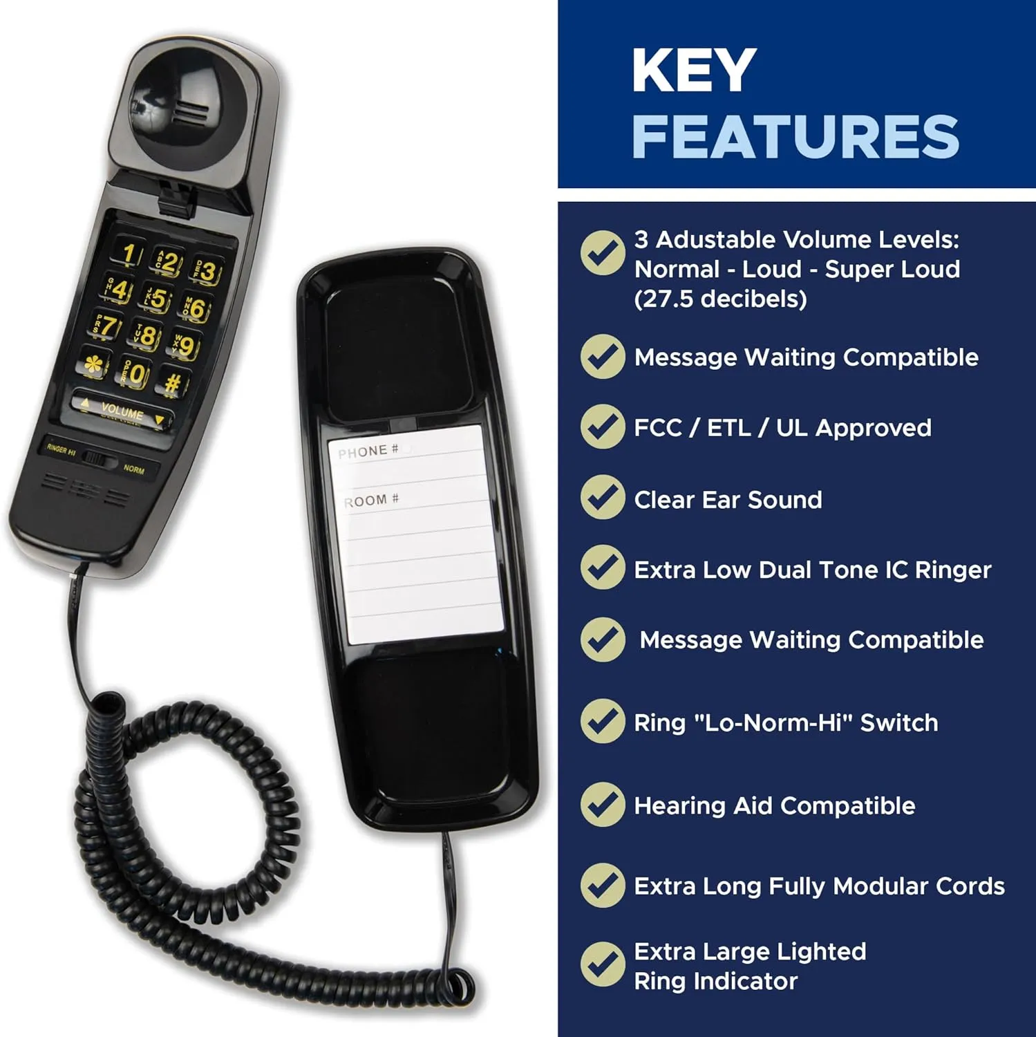 T-4 Full-Featured Trimline Telephone w/Ring/in-Use Light Indicator - Corded Wall Phone w/Full Range Volume Control, Hearing Aid Compatible, Ideal for Hotel, Business & Landline Use- Black