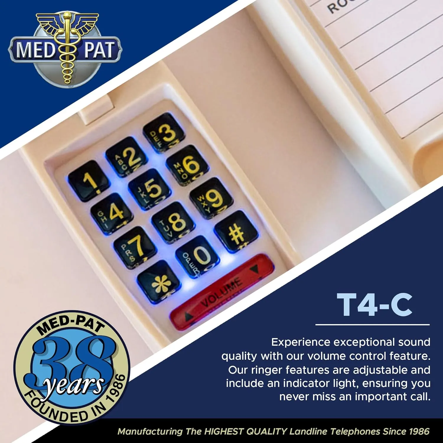 T-4 Full-Featured Trimline Telephone w/Ring/in-Use Light Indicator - Corded Wall Phone w/Full Range Volume Control, Hearing Aid Compatible, Ideal for Hotel, Business & Landline Use- Cream