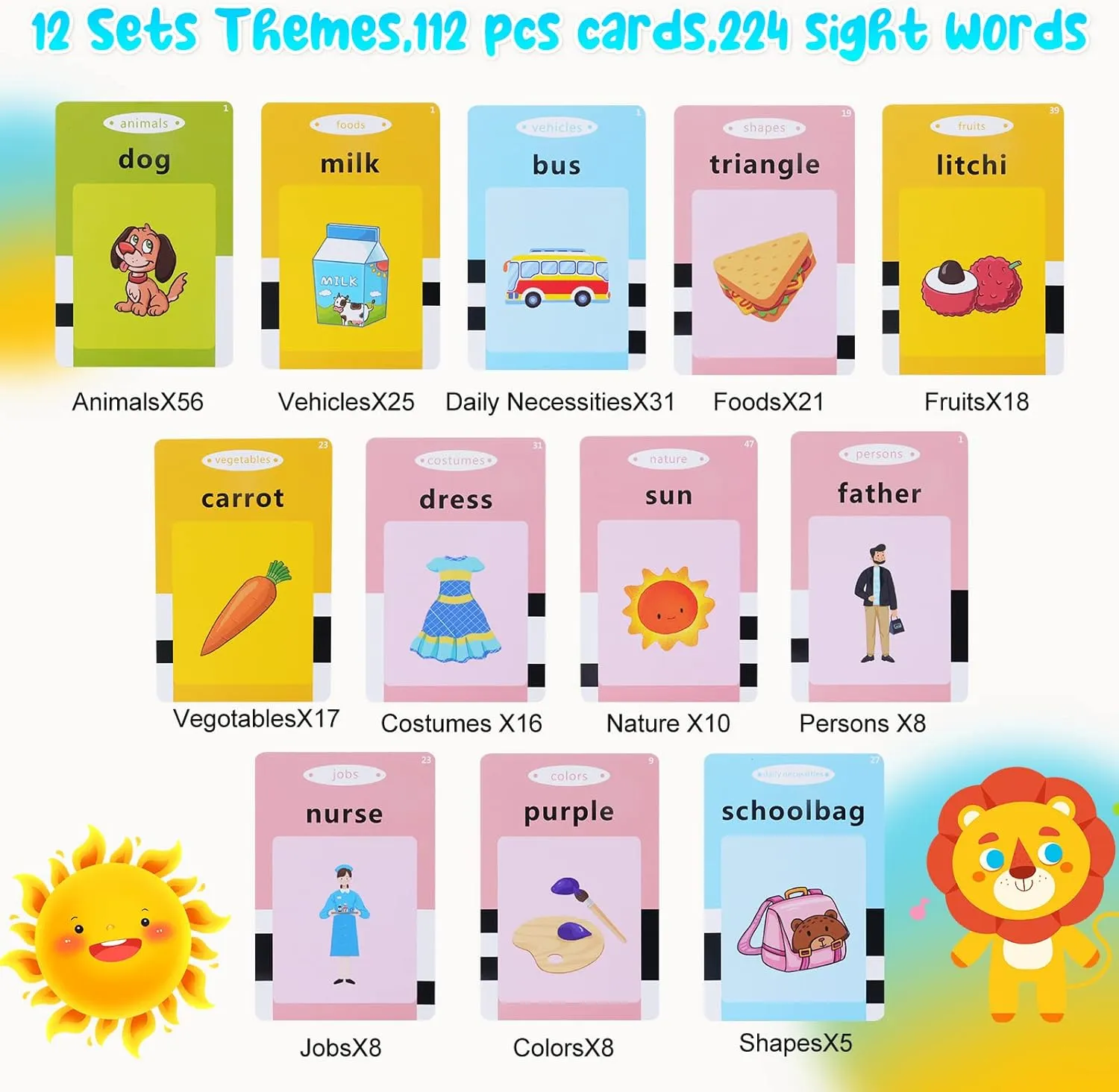 Talking Flash Cards for Toddlers, 3-6 Years, Language Skills, Animals, Educational Flashcards, Medium Size, Unisex, 112 Pieces