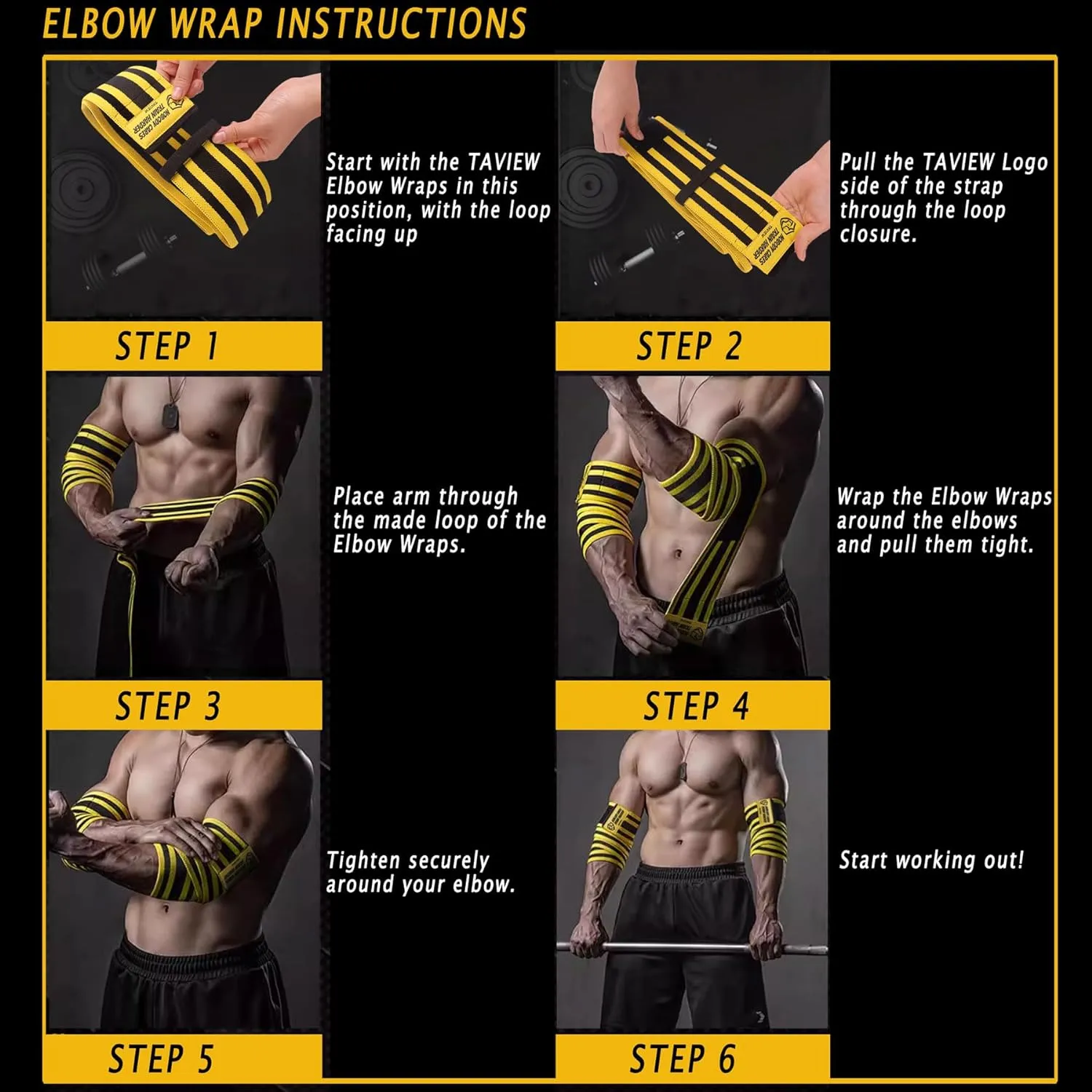 TAVIEW Elbow Wraps for Weightlifting (1 Pair), 47" Elastic Elbow Support & Compression Powerlifting, Fitness, Cross Training & Gym Workout - Elbow Straps for Weight Lifting