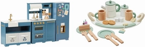 Teamson Kids Little Chef Atlanta Wooden Play Kitchen Set with Modular Units, Tea Party Accessories, Pretend Food & 20-pc Wooden Tea Set – Realistic Toy Kitchen for Toddlers 3 , Blue/White/Gold