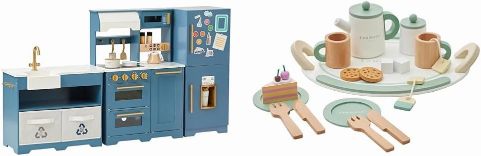 Teamson Kids Little Chef Atlanta Wooden Play Kitchen Set with Modular Units, Tea Party Accessories, Pretend Food & 20-pc Wooden Tea Set – Realistic Toy Kitchen for Toddlers 3 , Blue/White/Gold