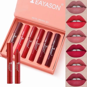 TEAYASON 6pc Lipstick Set Matte Lip Gloss Non-Stick Lipstick Set Lip Pencil Lippenstift Box with Lip Gloss for Christmas Valentine's Day Women's Gift (02)