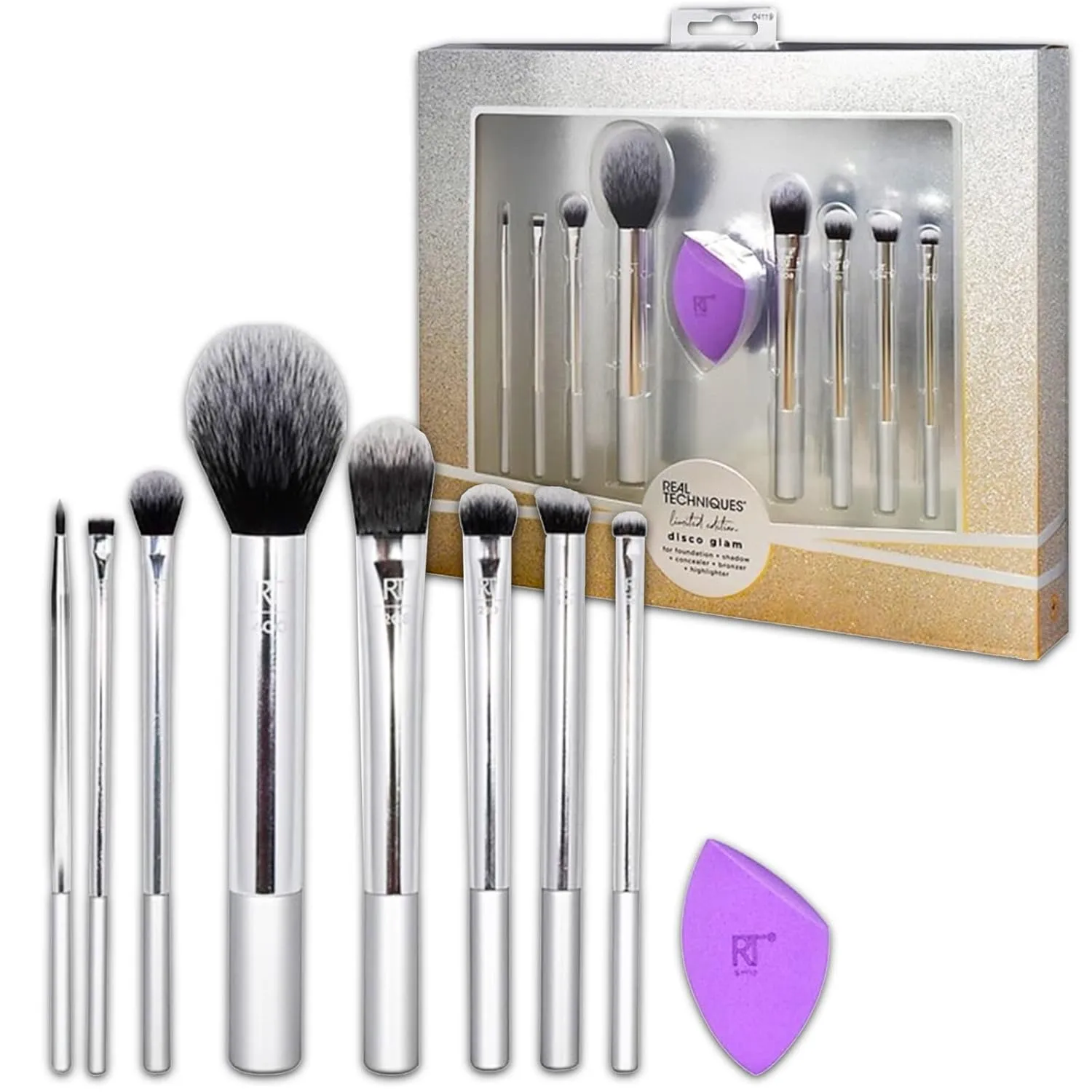 TECHNIQUES Real Makeup Brush Gift Set - Limited Edition Disco Glam for Foundation, Shadow, Concealer, Bronzer, Highlighter | Cosmetic Brushes and Complexion Sponge