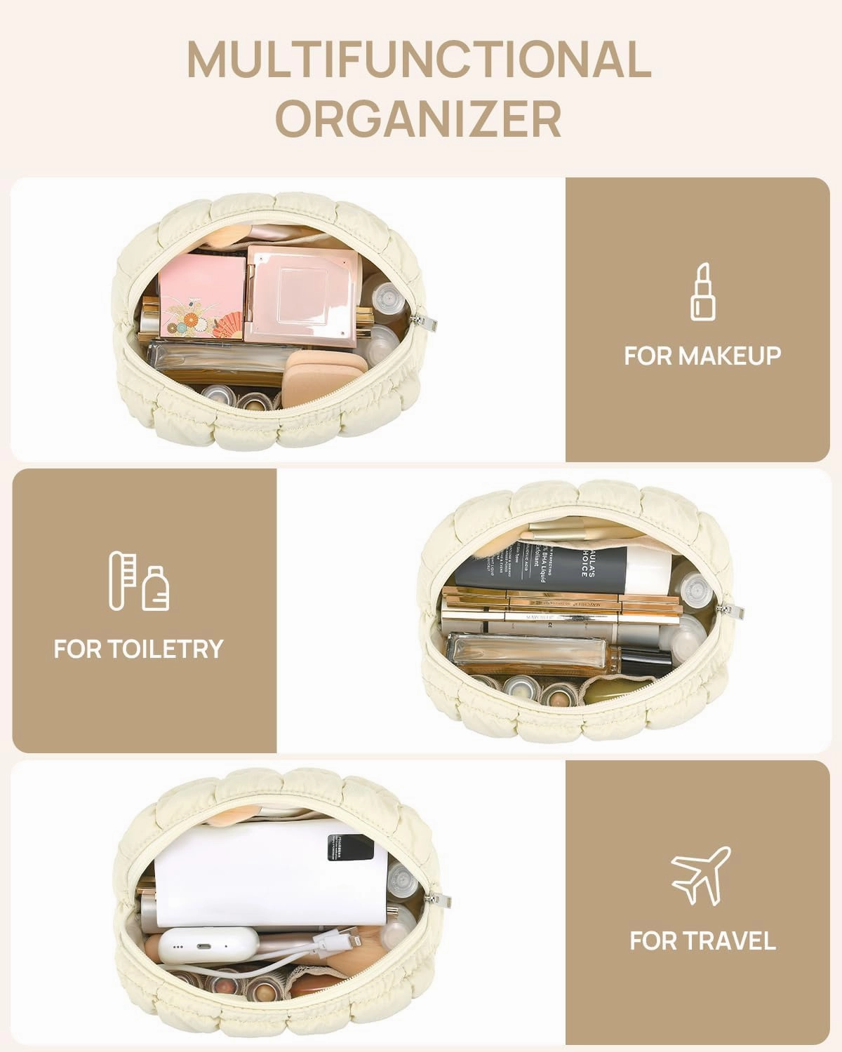 Telena Puffer Makeup Bags for Women, Nylon Puffy Padded Make Up Bags for Women Makeup Organizer Case, Wide-open Makeup Pouch Travel Essentials