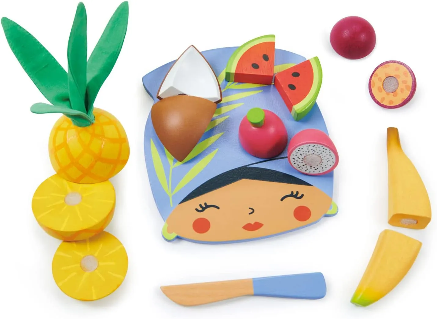 Tender Leaf Toys - Tropical Fruit Chopping Board - Wooden Play Food Set with 6 Choppable Fruits, Wood Knife and Illustrated Board - Improves Fine Motor Skills - Age 2 