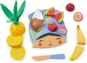 Tender Leaf Toys - Tropical Fruit Chopping Board - Wooden Play Food Set with 6 Choppable Fruits, Wood Knife and Illustrated Board - Improves Fine Motor Skills - Age 2 
