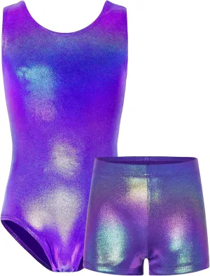 TENVDA Gymnastics Leotards for Girls 5-12 Years Old Sparkly Dance Tumbling Outfit Matching Shorts Set