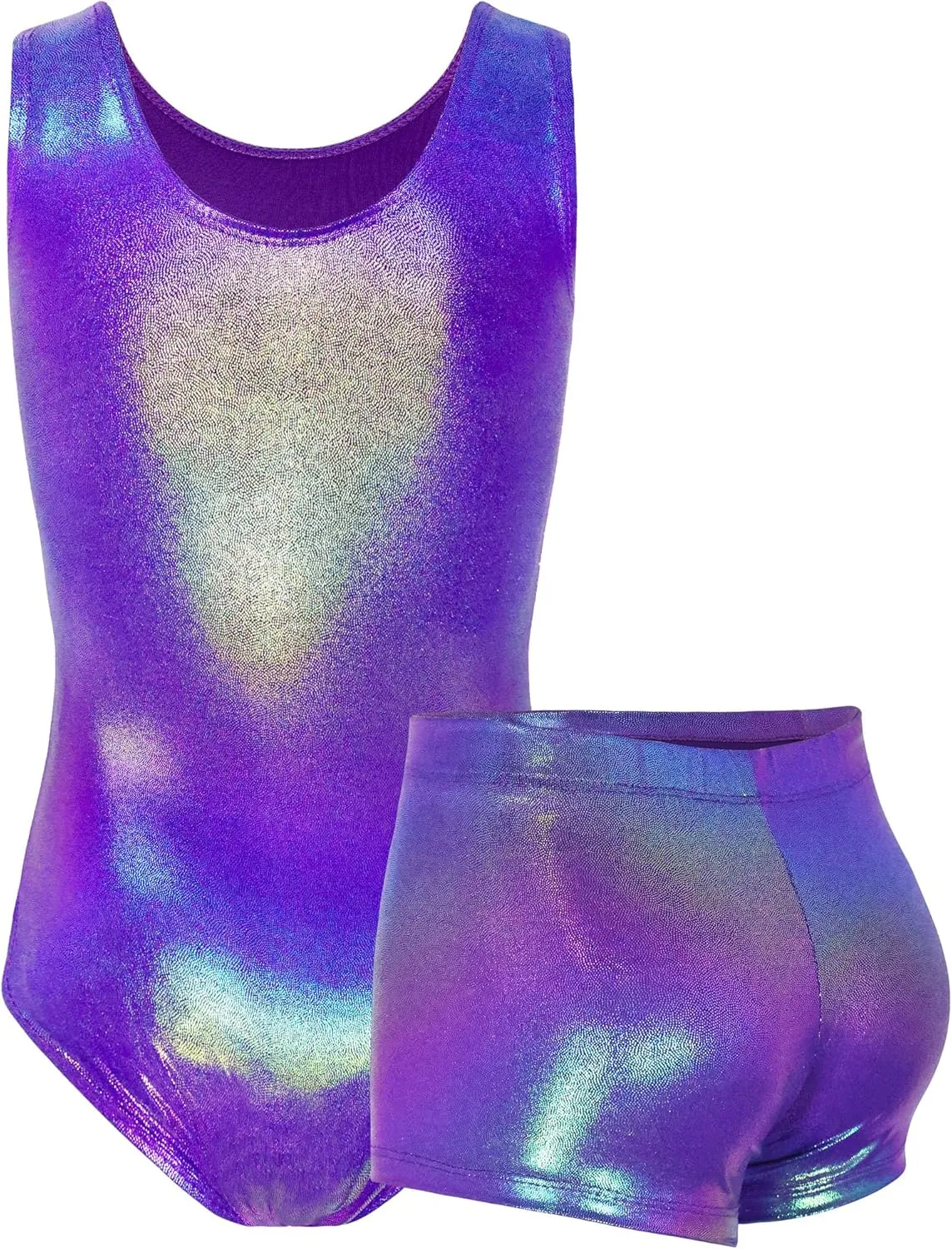 TENVDA Gymnastics Leotards for Girls 5-12 Years Old Sparkly Dance Tumbling Outfit Matching Shorts Set