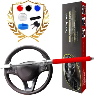 Tevlaphee Steering Wheel Lock Anti Theft Car Device Universal Prevention Adjustable Double Hook Emergency Hammer Window Breaker Self Defense Heavy Duty Secure (Red)