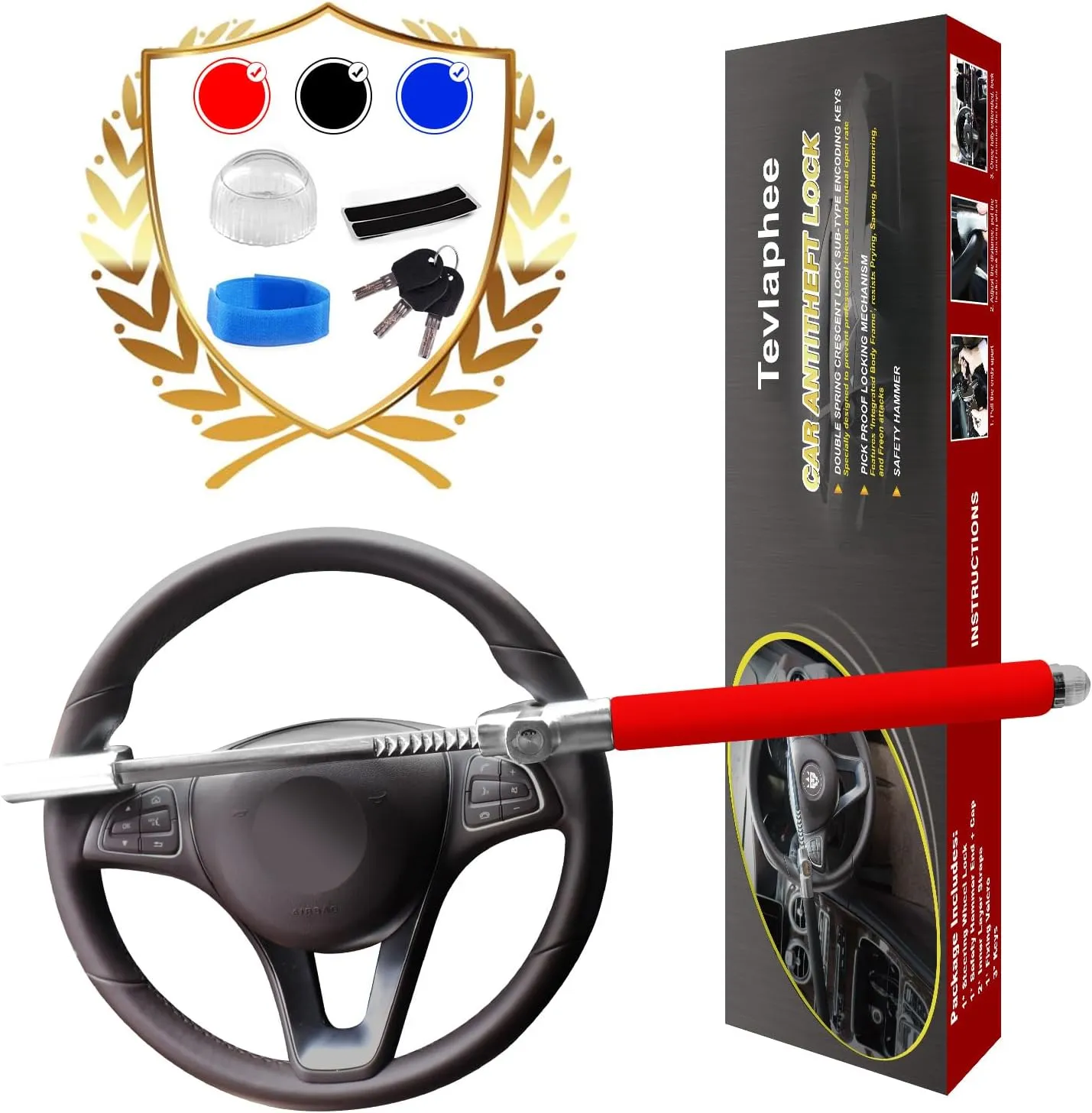 Tevlaphee Steering Wheel Lock Anti Theft Car Device Universal Prevention Adjustable Double Hook Emergency Hammer Window Breaker Self Defense Heavy Duty Secure (Red)