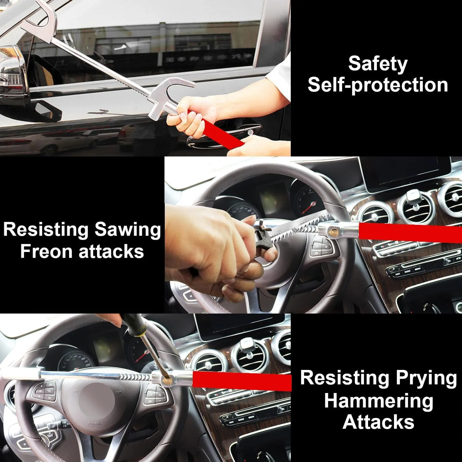 Tevlaphee Steering Wheel Lock Anti Theft Car Device Universal Prevention Adjustable Double Hook Emergency Hammer Window Breaker Self Defense Heavy Duty Secure (Red)