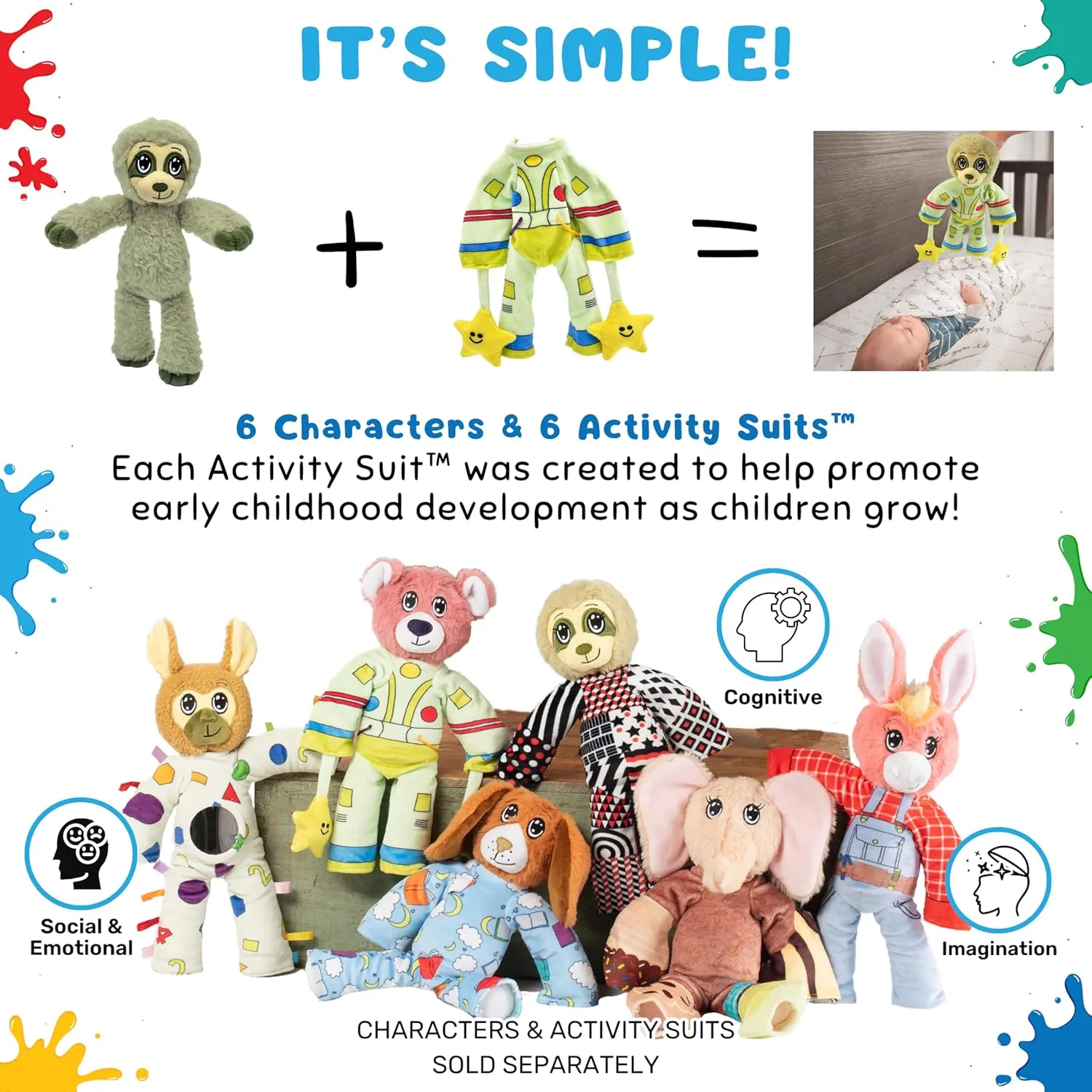 The Adventure Crew Sami The Sloth Plush Comfort/Activity Toy for Newborn and Up | 6 Characters | Ultra-Soft, 11.5" Compact Size with Weighted Limbs | Interactive Companion for Early Learning