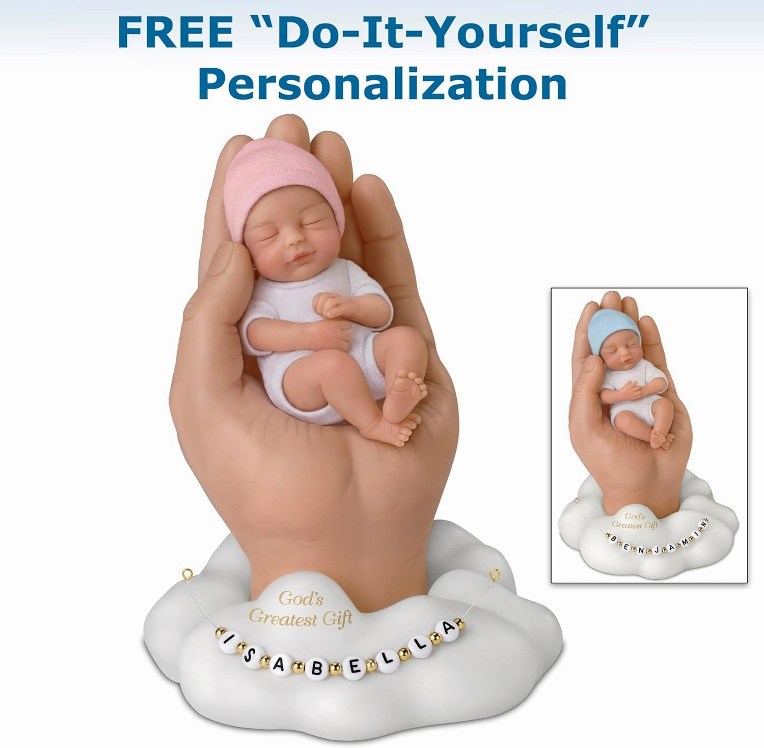 The Ashton-Drake Galleries God's Greatest Gift Baby Doll by Jennifer Costello, 4 Inches, Personalized Cloud Base, Pink and Blue Caps (Caucasian)