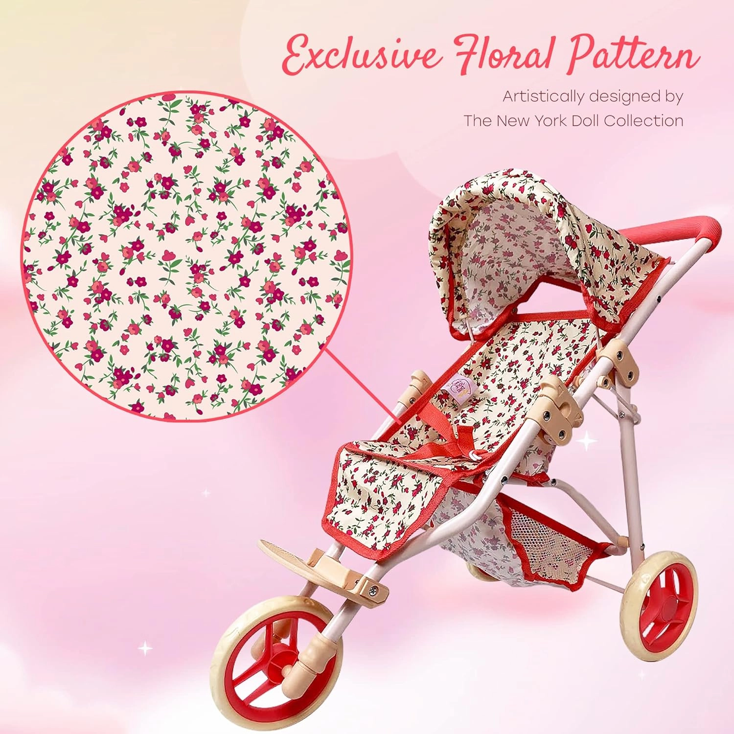 The New York Doll Collection Baby Doll Stroller for Dolls | Play Toy Toddlers 3 Year Old Girls Gift Push Pram Dolls, Babydoll Jogger Carriage (Quality Floral Print)