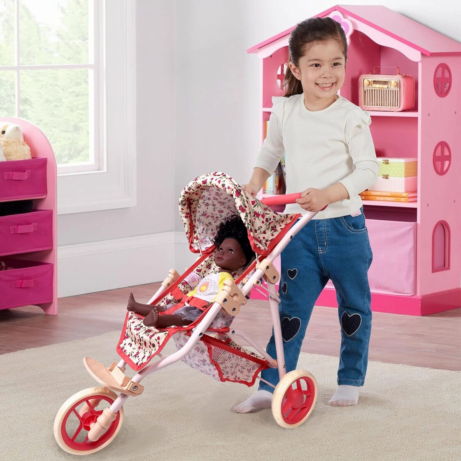 The New York Doll Collection Baby Doll Stroller for Dolls | Play Toy Toddlers 3 Year Old Girls Gift Push Pram Dolls, Babydoll Jogger Carriage (Quality Floral Print)
