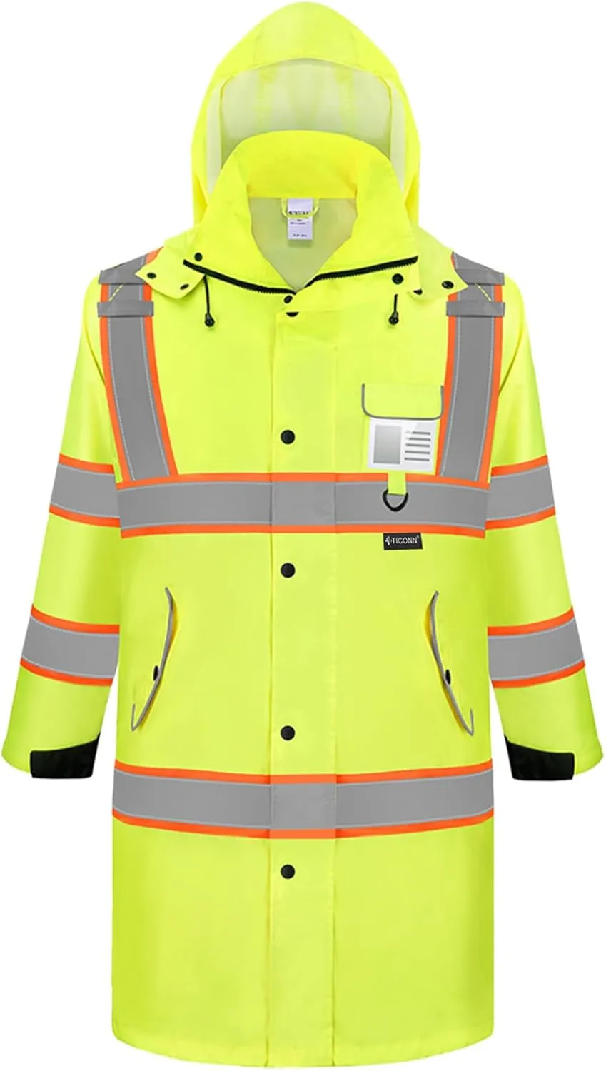 TICONN Reflective Rain Coat, Waterproof Hi Vis Safety Rain Jacket, Heavy Duty ANSI Class 3 High Visibility Trench Coat