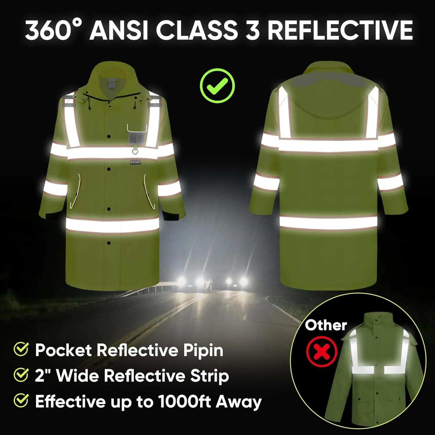 TICONN Reflective Rain Coat, Waterproof Hi Vis Safety Rain Jacket, Heavy Duty ANSI Class 3 High Visibility Trench Coat