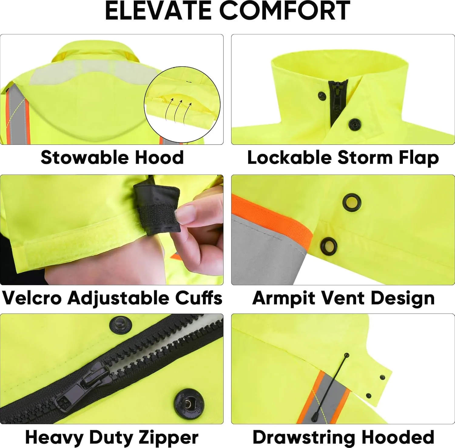 TICONN Reflective Rain Coat, Waterproof Hi Vis Safety Rain Jacket, Heavy Duty ANSI Class 3 High Visibility Trench Coat
