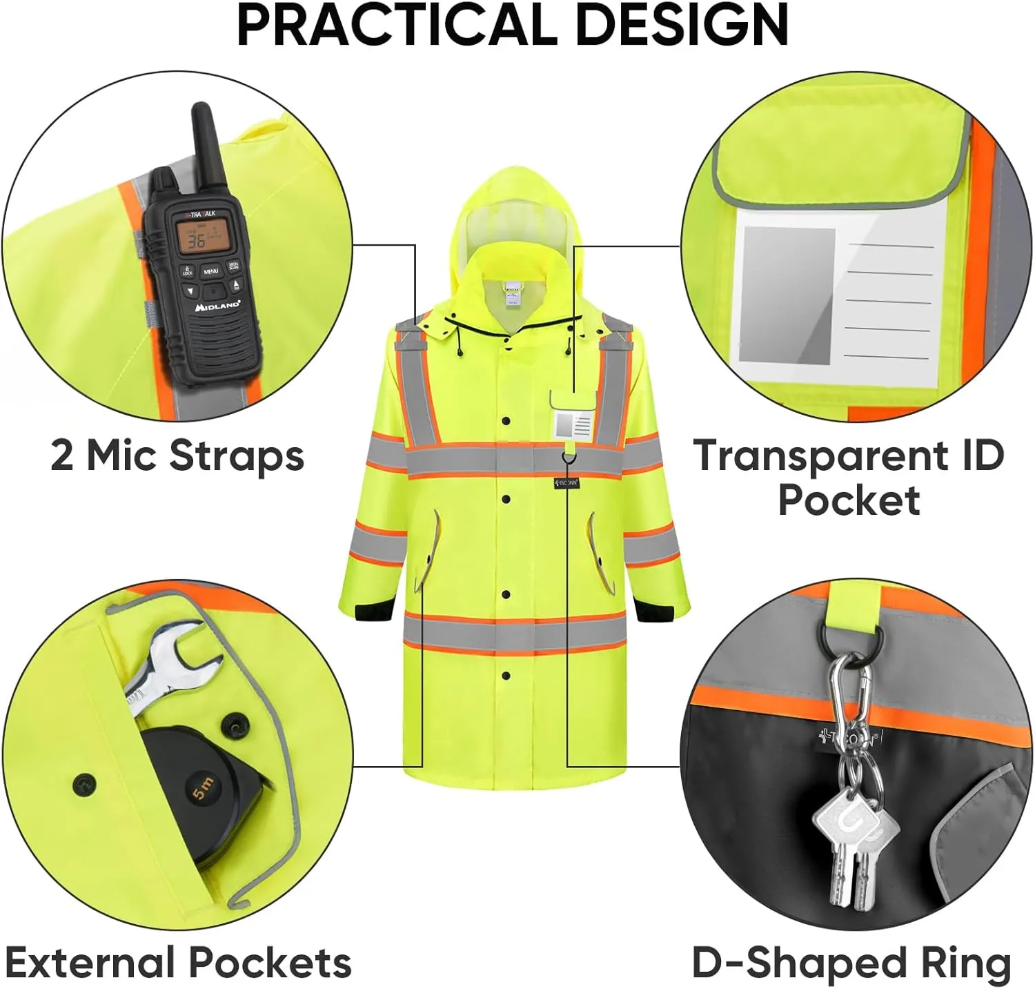 TICONN Reflective Rain Coat, Waterproof Hi Vis Safety Rain Jacket, Heavy Duty ANSI Class 3 High Visibility Trench Coat